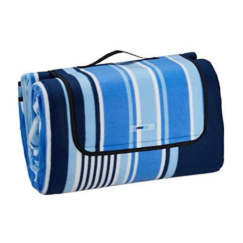 Relaxdays XXL Picknickdecke, 200x300 cm, wasserdichte Unterseite, Tragegriff, Fleece Isolierdecke, gestreift, blau-weiß