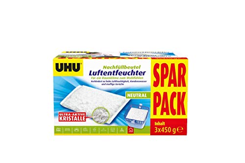 UHU Luftentfeuchter Nachfüllbeutel, Verhindert Feuchtigkeit und muffige Gerüche, 3 x 450 g Sparpack