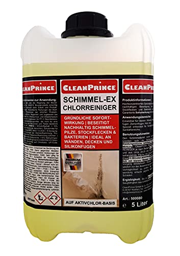 Cleanprince 5 Liter Schimmel-Ex Chlorreiniger | Schimmelex Schimmelentferner chlorhaltig Schimmelstop Schimmelex Schimmel bekämpfung Stockflecken Grünspan Pilz Schimmelpilze renovieren Kältebrücke vernichten Reiniger reinigen Schimmelreiniger Schimmelbeseitigung Schimmelentfernung Antischimmel Schimmel Schimmelbefall