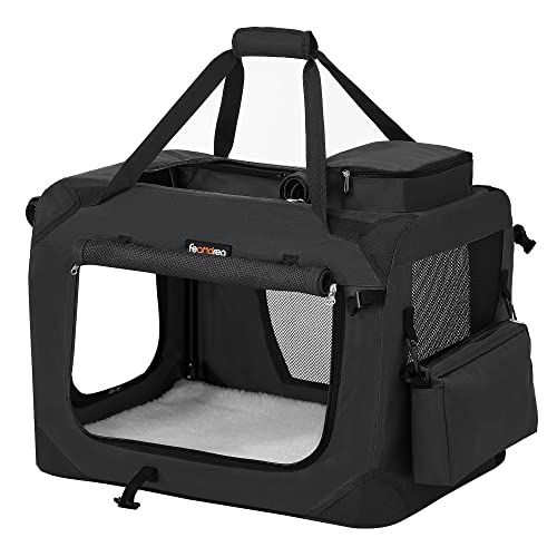 FEANDREA Hundebox faltbar, Transportbox Hund, Größe M, Hundetasche, Oxford-Gewebe, Netzstoff, atmungsaktiv, tragbar, transportabel, Metallrahmen, mit Griffen, Taschen, 60 x 42 x 42 cm, schwarz