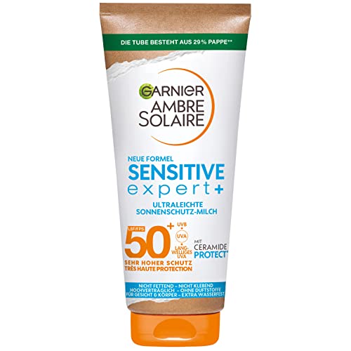 Garnier Sonnenschutzmilch mit LSF 50+, Sehr leichte und rückstandslose Sonnencreme für helle und empfindliche Haut, Ambre Solaire Sensitive expert+, 1 x 175 ml