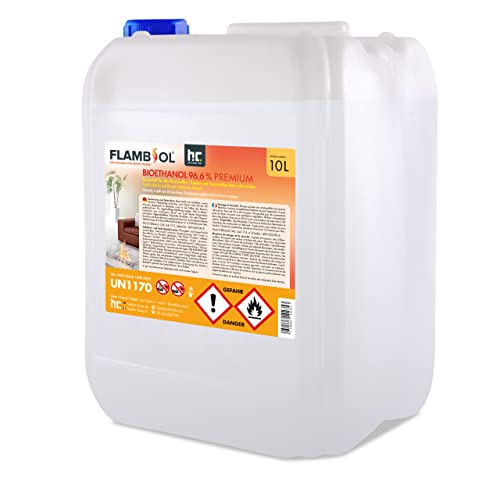 Höfer Chemie 1 x 10 L FLAMBIOL® Bioethanol 96,6% Premium für Ethanol Kamin, Ethanol Feuerstelle, Ethanol Tischfeuer und Bioethanol Kamin