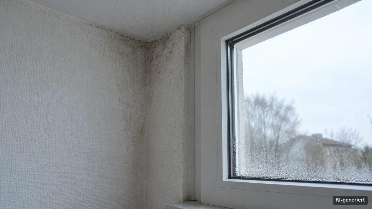 Kalte Außenwandecke mit beginnender Feuchtigkeit und Kondenswasser an der Fensterscheibe